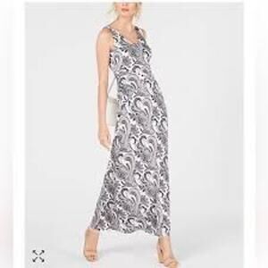 INC Romantic Ruched Maxi Dress Sleeveless Black White Tropical Stretch Dress Sm